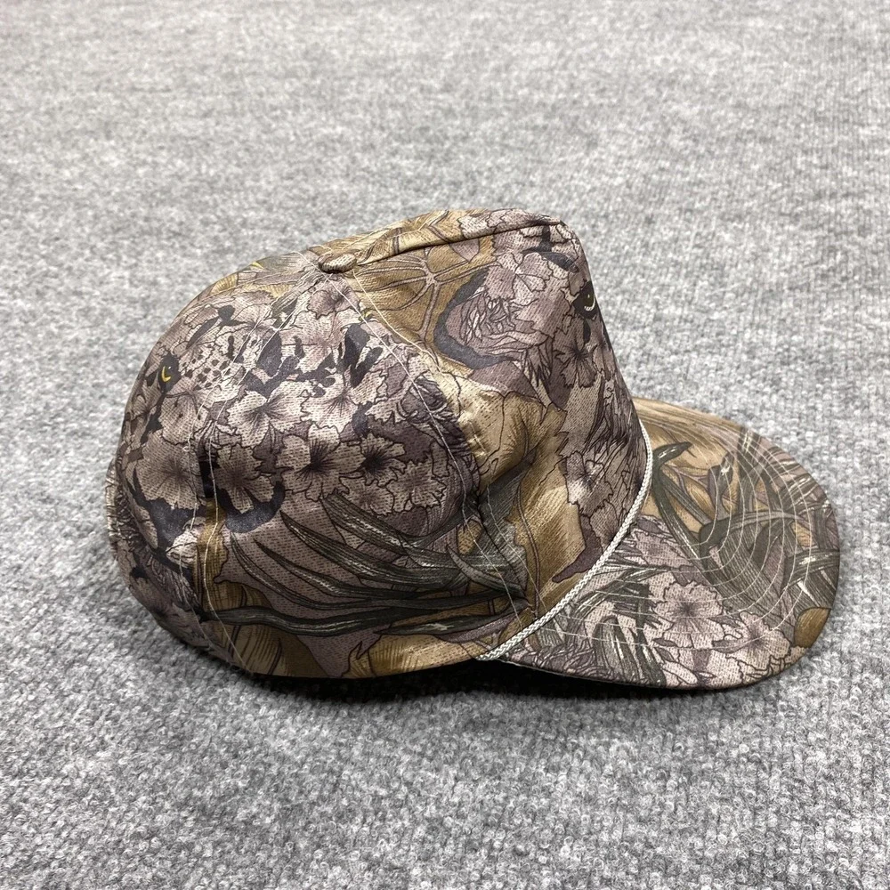Vintage Hat Cap Snap Back Mens Brown Floral Canvas Rope Cat Face Panther